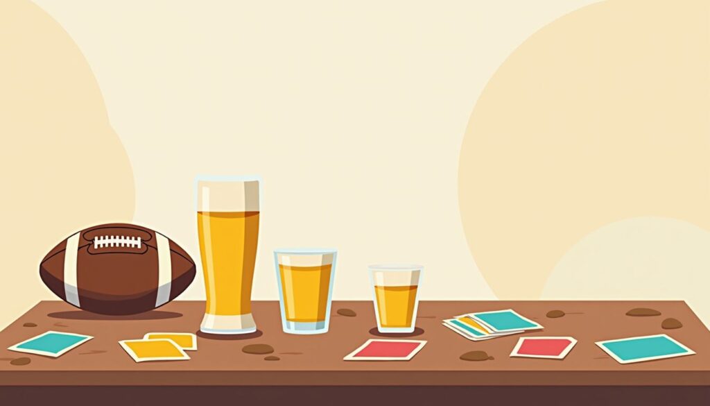 Minimalistische illustratie van een voetbal drinkspel op een houten tafel.