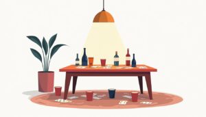 Minimalistische illustratie van een rommelige tafel in een woonkamer.