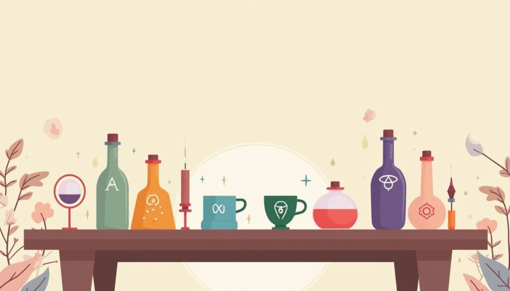 Minimalistische illustratie van een tafel met kleurrijke toverdrankflessen.